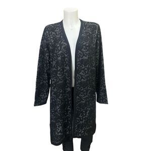 Chico’s Black Silver‎ Metallic Brocade Wool Blend Open Front Midi Cardigan sz M